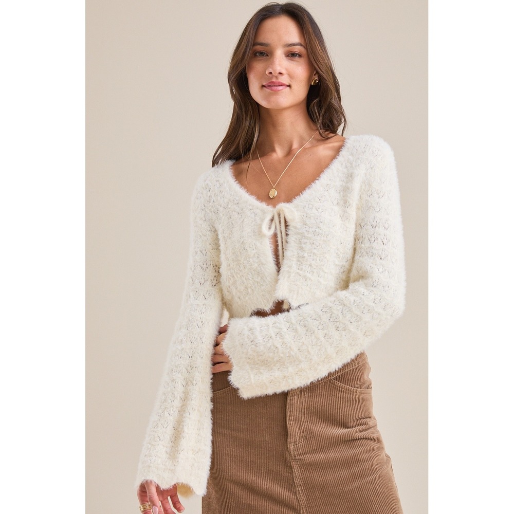 Altar'd State Fuzzy Cream Cropped Cardigan Tie Front Bell Sleeve Sweater Size XL